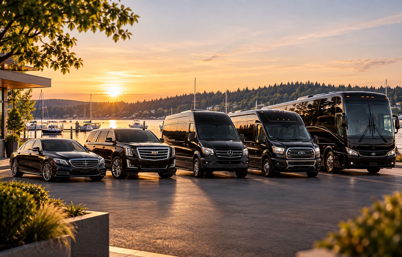Gig Harbor Limo Service fleet lined up at the harbour